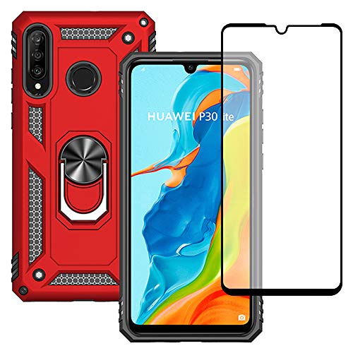 Yiakeng Hülle für Huawei P30 Lite Handyhülle, mit Schutzfolie, Stoßfest Schutzhülle Mit Ring Standfunktion Case Cover für Huawei P30 Lite (Rot) von Yiakeng