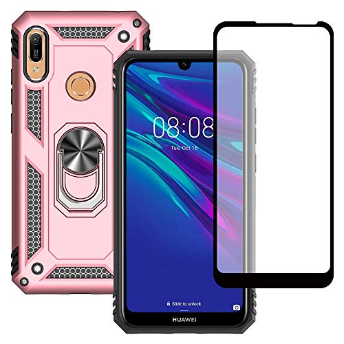 Yiakeng Hülle für Huawei Y6 2019 Handyhülle, mit Schutzfolie, Stoßfest Schutzhülle Mit Ring Standfunktion Case Cover für Huawei Y6 2019 (Roségold) von Yiakeng