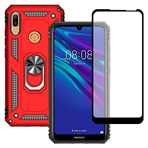 Yiakeng Hülle für Huawei Y6 2019 Handyhülle, mit Schutzfolie, Stoßfest Schutzhülle Mit Ring Standfunktion Case Cover für Huawei Y6 2019 (Rot) von Yiakeng
