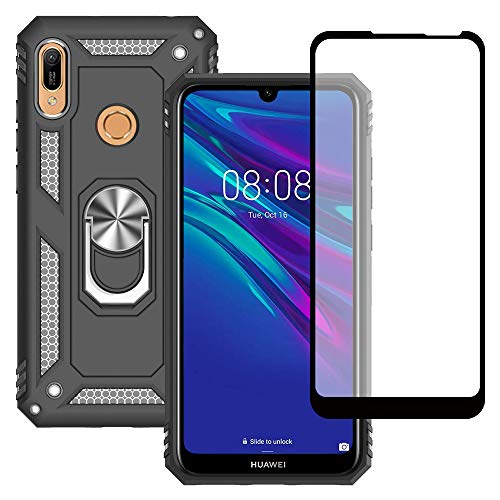 Yiakeng Hülle für Huawei Y6 2019 Handyhülle, mit Schutzfolie, Stoßfest Schutzhülle Mit Ring Standfunktion Case Cover für Huawei Y6 2019 (Schwarz) von Yiakeng