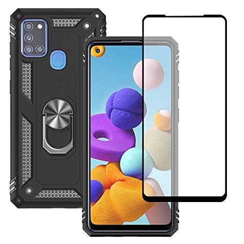 Yiakeng Hülle für Samsung Galaxy A21s, Samsung A21s Hülle, mit Schutzfolie, Stoßfest Schutzhülle Mit Ring Standfunktion Case Cover für Samsung Galaxy A21s (Schwarz) von Yiakeng