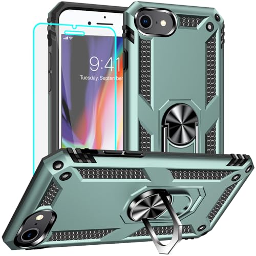 Yiakeng Schutzhülle für iPhone 8, iPhone 7, iPhone SE 2020/2022, mit Displayschutzfolie, militärische Qualität, Schutzhüllen mit Ring für iPhone 8/7/SE 2020 (Dunkelgrün) von Yiakeng