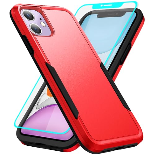 Yiakeng für iPhone 11 Hülle, Handyhülle iPhone 11 mit Bildschirm Schutzfolie, Hybride PC+TPU Stoßfeste Defender Pionee Anti-Schock Handyhülle für iPhone 11 (Rot) von Yiakeng