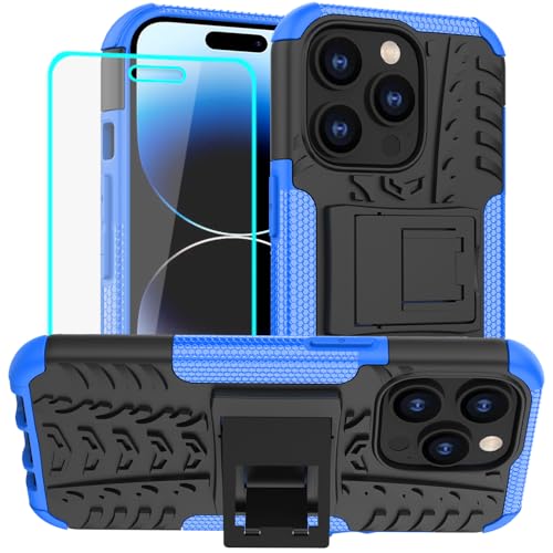 Yiakeng für iPhone 14 Pro Hülle Und Bildschirmschutz, Doppelschicht Stoßfest Schlank Ganzkörperschutz Mit Ständer für iPhone 14 Pro (Blau) von Yiakeng