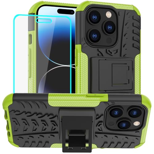 Yiakeng für iPhone 14 Pro Hülle Und Bildschirmschutz, Doppelschicht Stoßfest Schlank Ganzkörperschutz Mit Ständer für iPhone 14 Pro (Grün) von Yiakeng