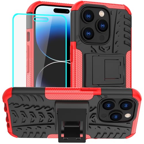 Yiakeng für iPhone 14 Pro Hülle Und Bildschirmschutz, Doppelschicht Stoßfest Schlank Ganzkörperschutz Mit Ständer für iPhone 14 Pro (Rot) von Yiakeng