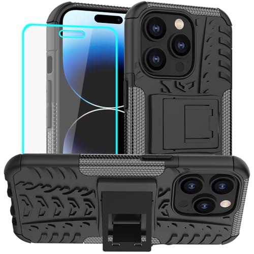 Yiakeng für iPhone 14 Pro Hülle Und Bildschirmschutz, Doppelschicht Stoßfest Schlank Ganzkörperschutz Mit Ständer für iPhone 14 Pro (Schwarz) von Yiakeng