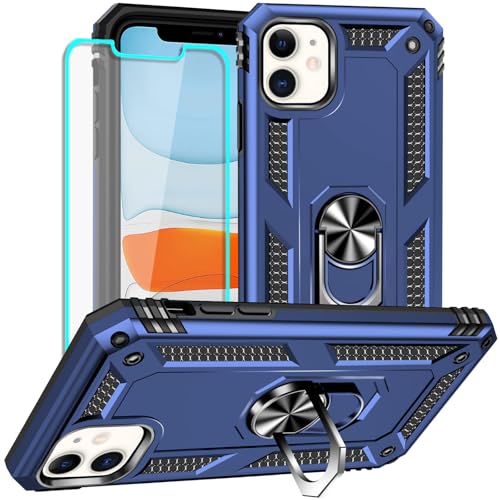 Yiakeng iPhone 11 Hülle, Handyhülle iPhone 11 mit Schutzfolie, Stoßfest Schutzhülle Mit Ring Standfunktion Case Cover für iPhone 11 (Blau) von Yiakeng