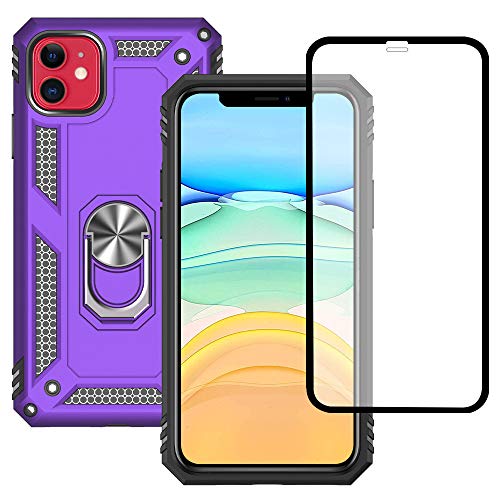 Yiakeng iPhone 11 Hülle, Handyhülle iPhone 11 mit Schutzfolie, Stoßfest Schutzhülle Mit Ring Standfunktion Case Cover für iPhone 11 (Lila) von Yiakeng