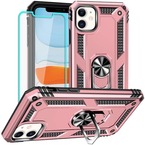 Yiakeng iPhone 11 Hülle, Handyhülle iPhone 11 mit Schutzfolie, Stoßfest Schutzhülle Mit Ring Standfunktion Case Cover für iPhone 11 (Roségold) von Yiakeng
