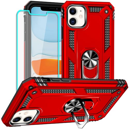 Yiakeng iPhone 11 Hülle, Handyhülle iPhone 11 mit Schutzfolie, Stoßfest Schutzhülle Mit Ring Standfunktion Case Cover für iPhone 11 (Rot) von Yiakeng