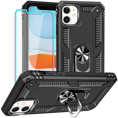 Yiakeng iPhone 11 Hülle, Handyhülle iPhone 11 mit Schutzfolie, Stoßfest Schutzhülle Mit Ring Standfunktion Case Cover für iPhone 11 (Schwarz) von Yiakeng