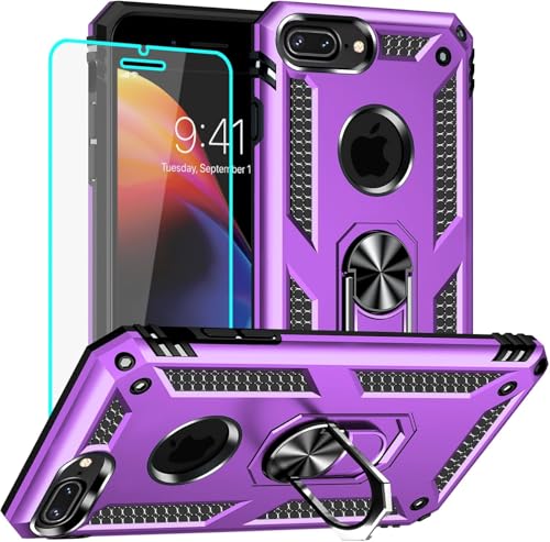 Yiakeng iPhone 8 Plus Hülle, iPhone 7 Plus Hülle mit Schutzfolie, Stoßfest Schutzhülle Mit Ring Standfunktion Case Cover für iPhone 8 Plus/7 Plus (Lila) von Yiakeng