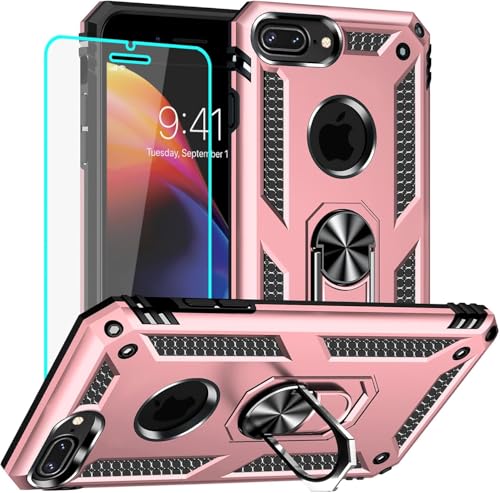 Yiakeng iPhone 8 Plus Hülle, iPhone 7 Plus Hülle mit Schutzfolie, Stoßfest Schutzhülle Mit Ring Standfunktion Case Cover für iPhone 8 Plus/7 Plus (Roségold) von Yiakeng