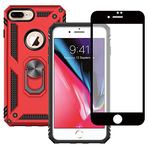 Yiakeng iPhone 8 Plus Hülle, iPhone 7 Plus Hülle mit Schutzfolie, Stoßfest Schutzhülle Mit Ring Standfunktion Case Cover für iPhone 8 Plus/7 Plus (Rot) von Yiakeng