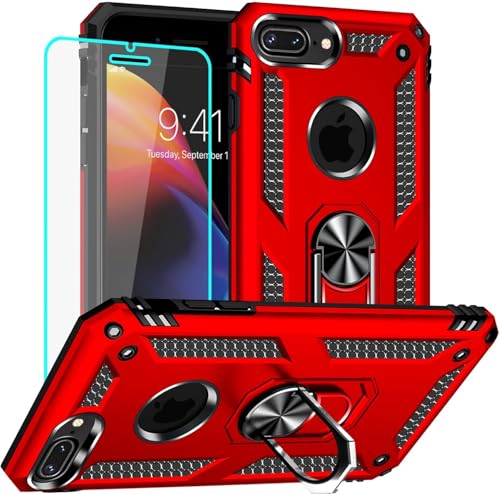 Yiakeng iPhone 8 Plus Hülle, iPhone 7 Plus Hülle mit Schutzfolie, Stoßfest Schutzhülle Mit Ring Standfunktion Case Cover für iPhone 8 Plus/7 Plus (Rot) von Yiakeng