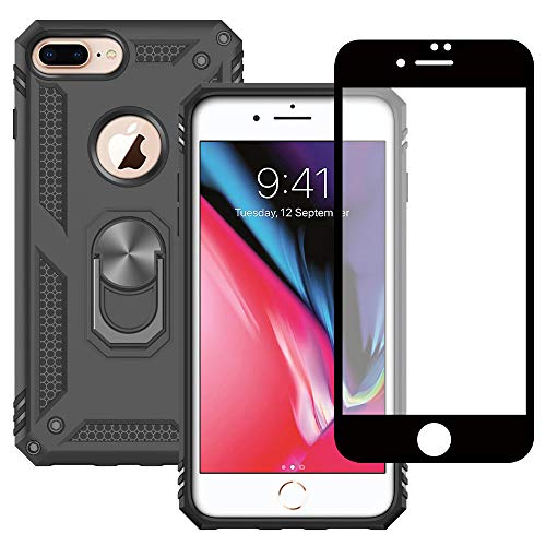 Yiakeng iPhone 8 Plus Hülle, iPhone 7 Plus Hülle mit Schutzfolie, Stoßfest Schutzhülle Mit Ring Standfunktion Case Cover für iPhone 8 Plus/7 Plus (Schwarz) von Yiakeng