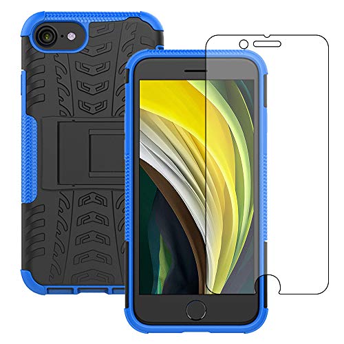Yiakeng für iPhone 8 Hülle, iPhone 7 Hülle mit Schutzfolie, Stoßfest Schlank Silikon 360 Grad Schutz Mit Ständer für iPhone SE 2020 (Blau) von Yiakeng