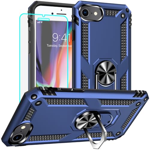 Yiakeng iPhone SE 2020 Hülle, iPhone 8 Hülle mit Schutzfolie, Stoßfest Schutzhülle Mit Ring Standfunktion Case Cover für iPhone SE 2020/8/7 (Blau) von Yiakeng