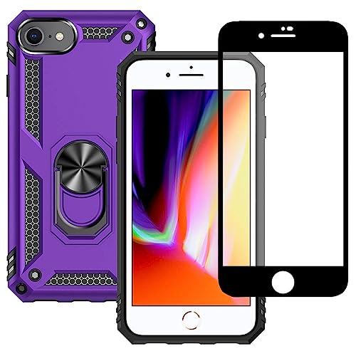 Yiakeng iPhone SE 2020 Hülle, iPhone 8 Hülle mit Schutzfolie, Stoßfest Schutzhülle Mit Ring Standfunktion Case Cover für iPhone SE 2020/8/7 (Lila) von Yiakeng