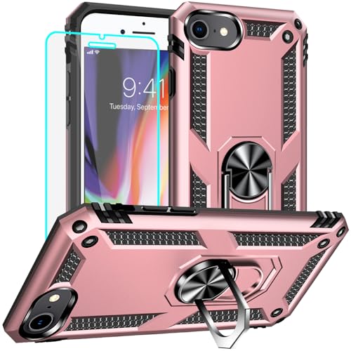 Yiakeng iPhone SE 2020 Hülle, iPhone 8 Hülle mit Schutzfolie, Stoßfest Schutzhülle Mit Ring Standfunktion Case Cover für iPhone SE 2020/8/7 (Roségold) von Yiakeng