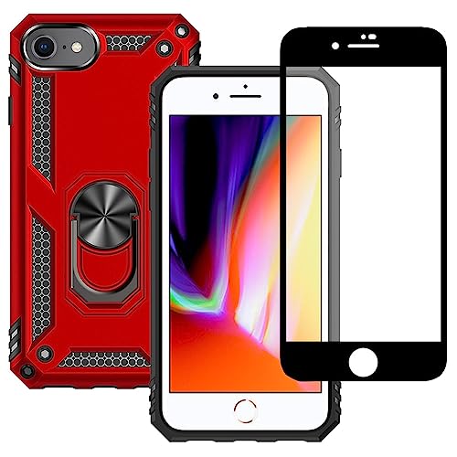 Yiakeng iPhone SE 2020 Hülle, iPhone 8 Hülle mit Schutzfolie, Stoßfest Schutzhülle Mit Ring Standfunktion Case Cover für iPhone SE 2020/8/7 (Rot) von Yiakeng