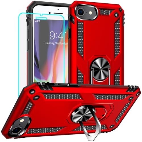 Yiakeng iPhone SE 2020 Hülle, iPhone 8/7 Schutzhülle mit Ring Standfunktion, Anti-Drop-Funktion, Stoßfest, Rot von Yiakeng