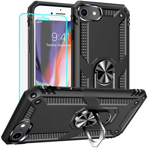 Yiakeng iPhone SE 2020 Hülle, iPhone 8 Hülle mit Schutzfolie, Stoßfest Schutzhülle Mit Ring Standfunktion Case Cover für iPhone SE 2020/8/7 (Schwarz) von Yiakeng