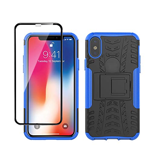 Yiakeng iPhone X Hülle, iPhone XS Hülle, Mit Schutzfolie, Stoßfest Schlank Silikon 360 Grad Schutz Mit Ständer für Apple iPhone X/Xs (Blau) von Yiakeng