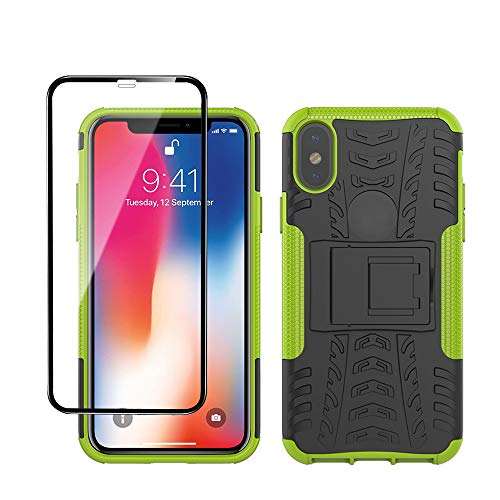 Yiakeng iPhone X Hülle, iPhone XS Hülle, Mit Schutzfolie, Stoßfest Schlank Silikon 360 Grad Schutz Mit Ständer für Apple iPhone X/Xs (Grün) von Yiakeng