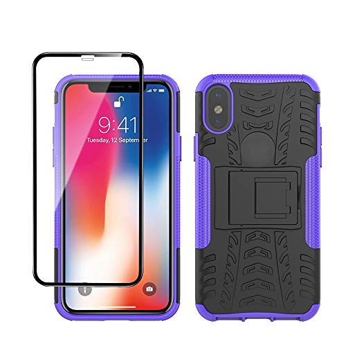 Yiakeng iPhone X Hülle, iPhone XS Hülle, Mit Schutzfolie, Stoßfest Schlank Silikon 360 Grad Schutz Mit Ständer für Apple iPhone X/Xs (Lila) von Yiakeng