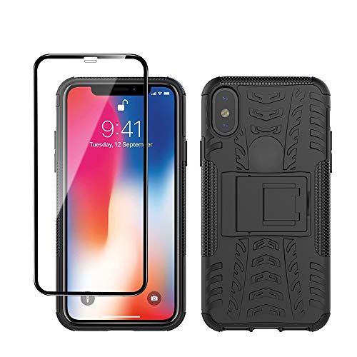 Yiakeng iPhone X Hülle, iPhone XS Hülle, Mit Schutzfolie, Stoßfest Schlank Silikon 360 Grad Schutz Mit Ständer für Apple iPhone X/Xs (Schwarz) von Yiakeng