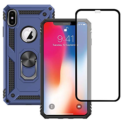 Yiakeng iPhone X Hülle, iPhone XS Hülle, mit Schutzfolie, Stoßfest Schutzhülle Mit Ring Standfunktion Case Cover für Apple iPhone X/Xs (Blau) von Yiakeng