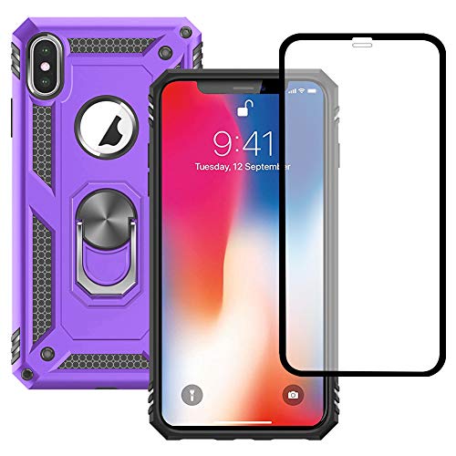 Yiakeng iPhone X Hülle, iPhone XS Hülle, mit Schutzfolie, Stoßfest Schutzhülle Mit Ring Standfunktion Case Cover für Apple iPhone X/Xs (Lila) von Yiakeng