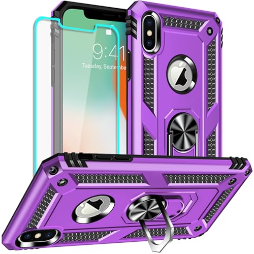 Yiakeng iPhone X Hülle, iPhone XS Hülle, mit Schutzfolie, Stoßfest Schutzhülle Mit Ring Standfunktion Case Cover für Apple iPhone X/Xs (Lila) von Yiakeng
