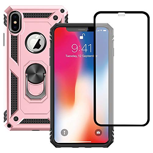 Yiakeng iPhone X Hülle, iPhone XS Hülle, mit Schutzfolie, Stoßfest Schutzhülle Mit Ring Standfunktion Case Cover für Apple iPhone X/Xs (Roségold) von Yiakeng