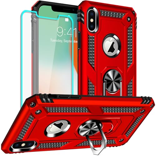 Yiakeng iPhone X Hülle, iPhone XS Hülle, mit Schutzfolie, Stoßfest Schutzhülle Mit Ring Standfunktion Case Cover für Apple iPhone X/Xs (Rot) von Yiakeng