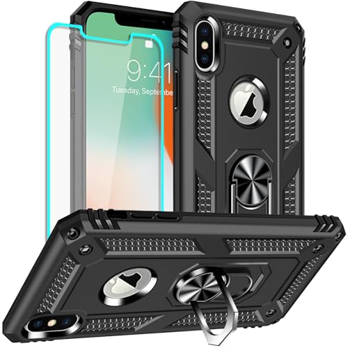 Yiakeng iPhone X Hülle, iPhone XS Hülle, mit Schutzfolie, Stoßfest Schutzhülle Mit Ring Standfunktion Case Cover für Apple iPhone X/Xs (Schwarz) von Yiakeng