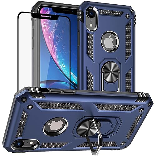 Yiakeng iPhone XR Hülle, Handyhülle iPhone XR mit Schutzfolie, Stoßfest Schutzhülle Mit Ring Standfunktion Case Cover für iPhone XR (Blau) von Yiakeng