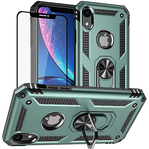 für iPhone XR Hülle, Handyhülle iPhone XR mit Schutzfolie, Stoßfest Schutzhülle Mit Ring Standfunktion Case Cover für iPhone XR (Dunkelgrün) von Yiakeng