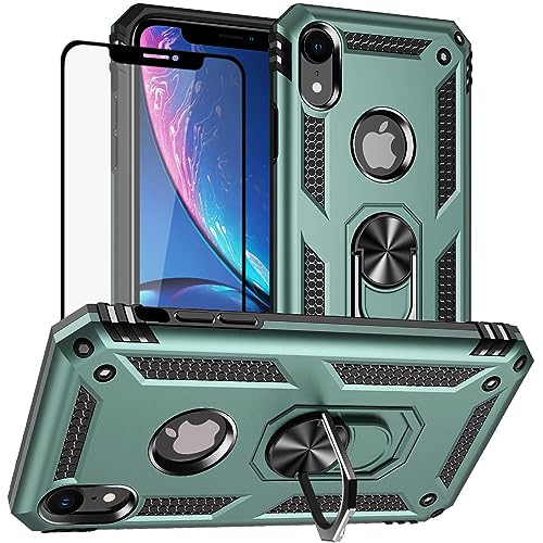 Yiakeng iPhone XR Hülle, Handyhülle iPhone XR mit Schutzfolie, Stoßfest Schutzhülle Mit Ring Standfunktion Case Cover für iPhone XR (Dunkelgrün) von Yiakeng