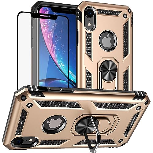 Yiakeng iPhone XR Hülle, Handyhülle iPhone XR mit Schutzfolie, Stoßfest Schutzhülle Mit Ring Standfunktion Case Cover für iPhone XR (Golden) von Yiakeng