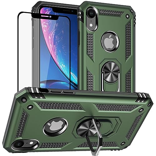 Yiakeng iPhone XR Hülle, Handyhülle iPhone XR mit Schutzfolie, Stoßfest Schutzhülle Mit Ring Standfunktion Case Cover für iPhone XR (Military Green) von Yiakeng