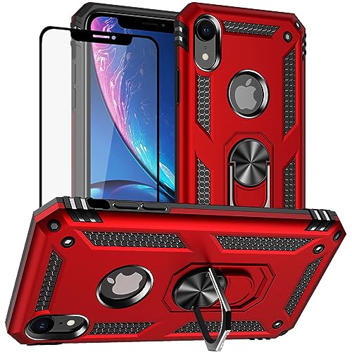 für iPhone XR Hülle, Handyhülle iPhone XR mit Schutzfolie, Stoßfest Schutzhülle Mit Ring Standfunktion Case Cover für iPhone XR (Rot) von Yiakeng