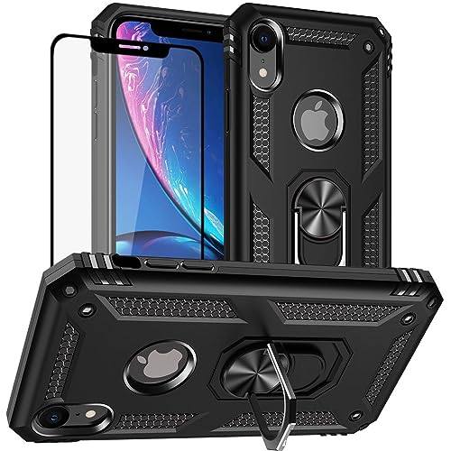 Yiakeng iPhone XR Hülle, Handyhülle iPhone XR mit Schutzfolie, Stoßfest Schutzhülle Mit Ring Standfunktion Case Cover für iPhone XR (Schwarz) von Yiakeng