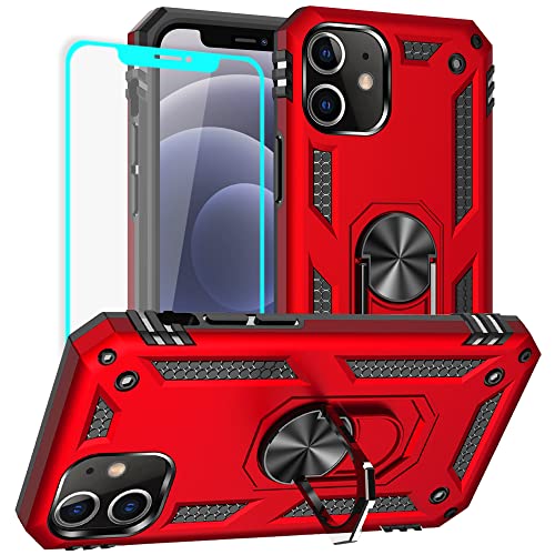 für iPhone 12 Hülle, iPhone 12 Pro Hülle mit Schutzfolie, Militärischer Grade Stoßfest Schutzhülle mit Ring für iPhone 12 /iPhone 12 Pro (Rot) von Yiakeng