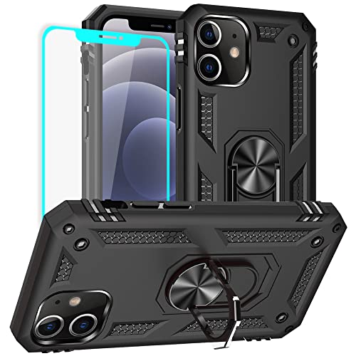 für iPhone 12 Hülle, iPhone 12 Pro Hülle mit Schutzfolie, Militärischer Grade Stoßfest Schutzhülle mit Ring für iPhone 12 /iPhone 12 Pro (Schwarz) von Yiakeng