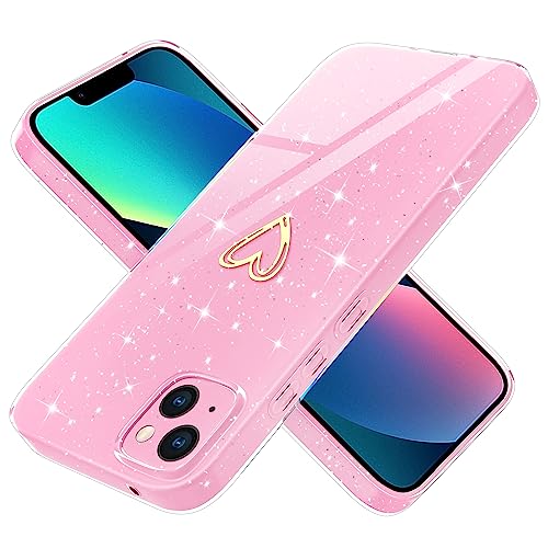 Yichxu Handyhülle für iPhone 13 Hülle Glitzer Gold Herz Love Silikon TPU Stoßfeste Schutz Bumper Case Cover Glänzend Ultra Dünn Kratzfeste Schutzhülle für iPhone 13 6,1 Zoll, Rosa von Yichxu