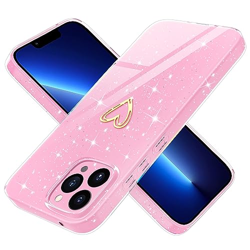 Yichxu Handyhülle für iPhone 13 Pro Hülle Glitzer Gold Herz Love Silikon TPU Stoßfeste Schutz Bumper Case Cover Glänzend Ultra Dünn Kratzfeste Schutzhülle für iPhone 13 Pro 6,1 Zoll, Rosa von Yichxu