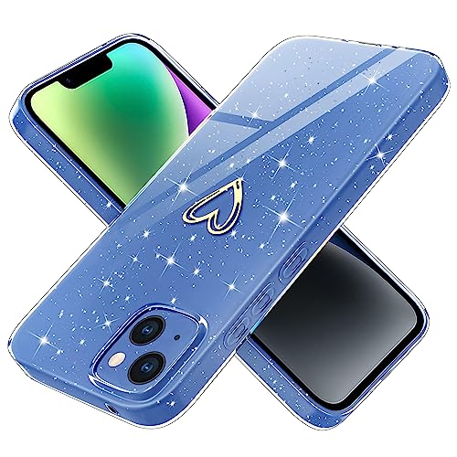 Yichxu Handyhülle für iPhone 14 Hülle Glitzer Gold Herz Love Silikon TPU Stoßfeste Schutz Bumper Case Cover Glänzend Ultra Dünn Kratzfeste Schutzhülle für iPhone 14 6,1 Zoll, Blau von Yichxu